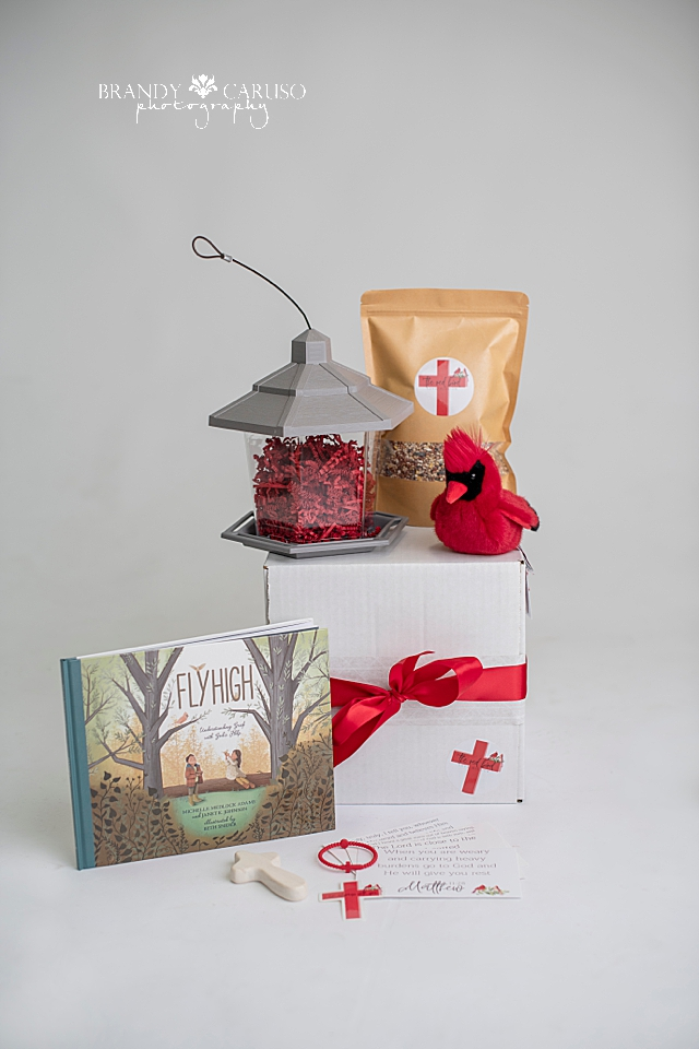 Cardinal themed gift box for both adults and children. Included is a children’s book about grief, a stuffed Cardinal, bird house, bird seed and various qoute.