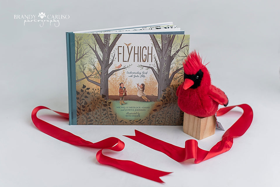 Cardinal sympathy children’s gift to help grieving. Includes book called fly high and a stuffed cardinal